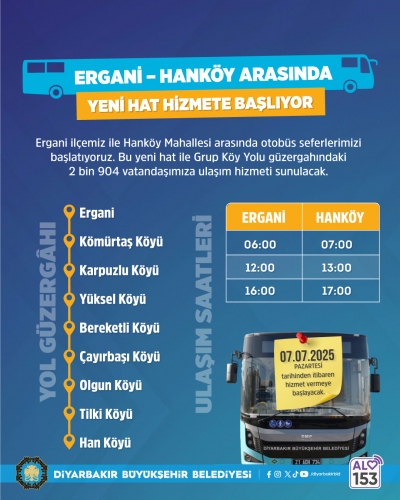 Ergani ile Hanköy Mahallesi arasında yeni otobüs hattı