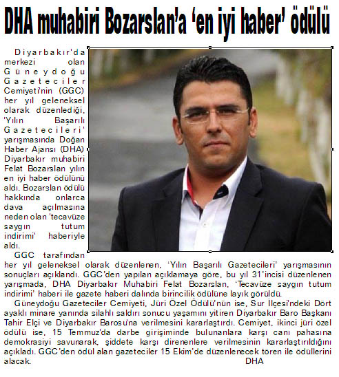 DHA muhabiri Bozarslanç™a ç˜en iyi haberç™ ödülü